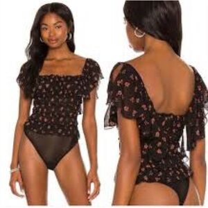 Free People Juliet Black Floral Bodysuit